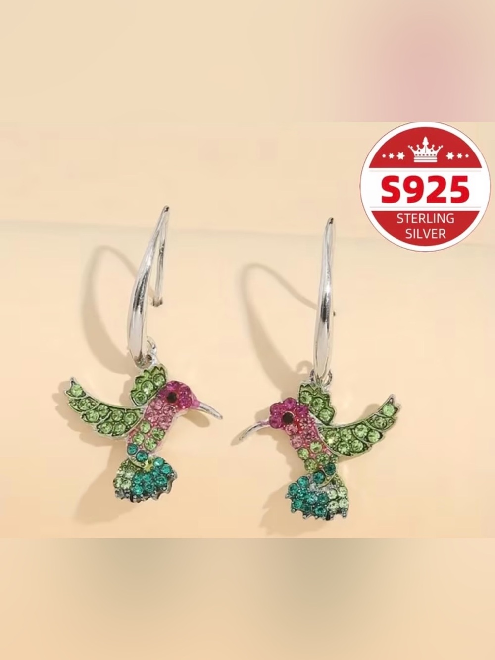 Multicolor Hummingbird Crystal Drop 925 Sterling Silver Earrings